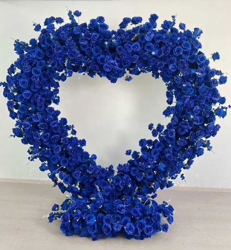 Royal Blue Heart Arch with Floral Base – Handmade Dense Roses Bold Wedding Photo Backdrop with Stand