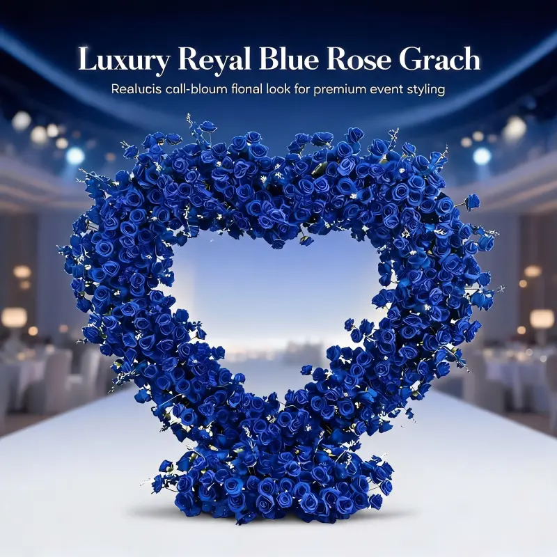 Royal Blue Heart Arch with Floral Base – Handmade Dense Roses Bold Wedding Photo Backdrop with Stand