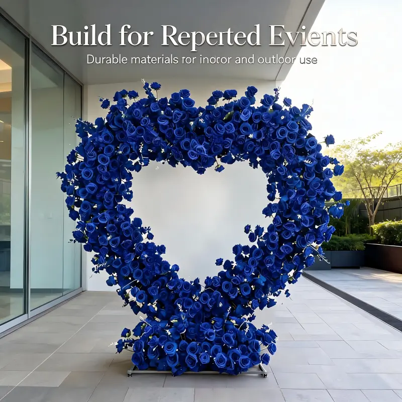 Royal Blue Heart Arch with Floral Base – Handmade Dense Roses Bold Wedding Photo Backdrop with Stand