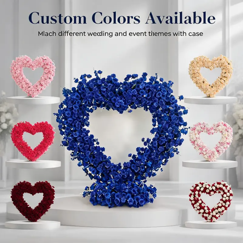 Royal Blue Heart Arch with Floral Base – Handmade Dense Roses Bold Wedding Photo Backdrop with Stand