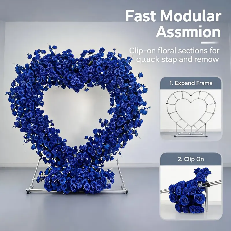 Royal Blue Heart Arch with Floral Base – Handmade Dense Roses Bold Wedding Photo Backdrop with Stand