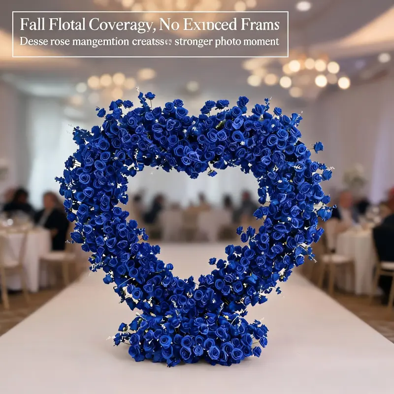 Royal Blue Heart Arch with Floral Base – Handmade Dense Roses Bold Wedding Photo Backdrop with Stand