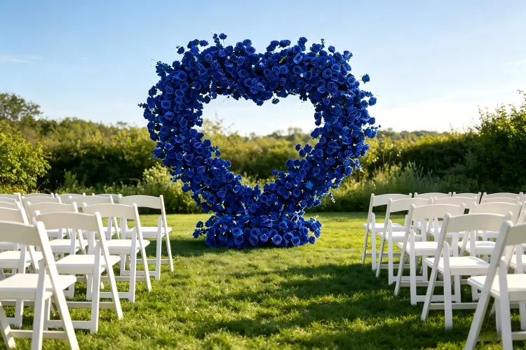 royal blue heart flower wall wedding ceremony dramatic decor