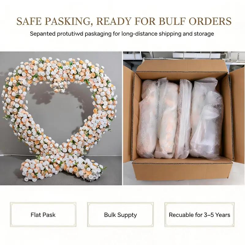 White & Champagne Heart Arch with Floral Base – Handmade Dense Roses Elegant Wedding Backdrop with Stand