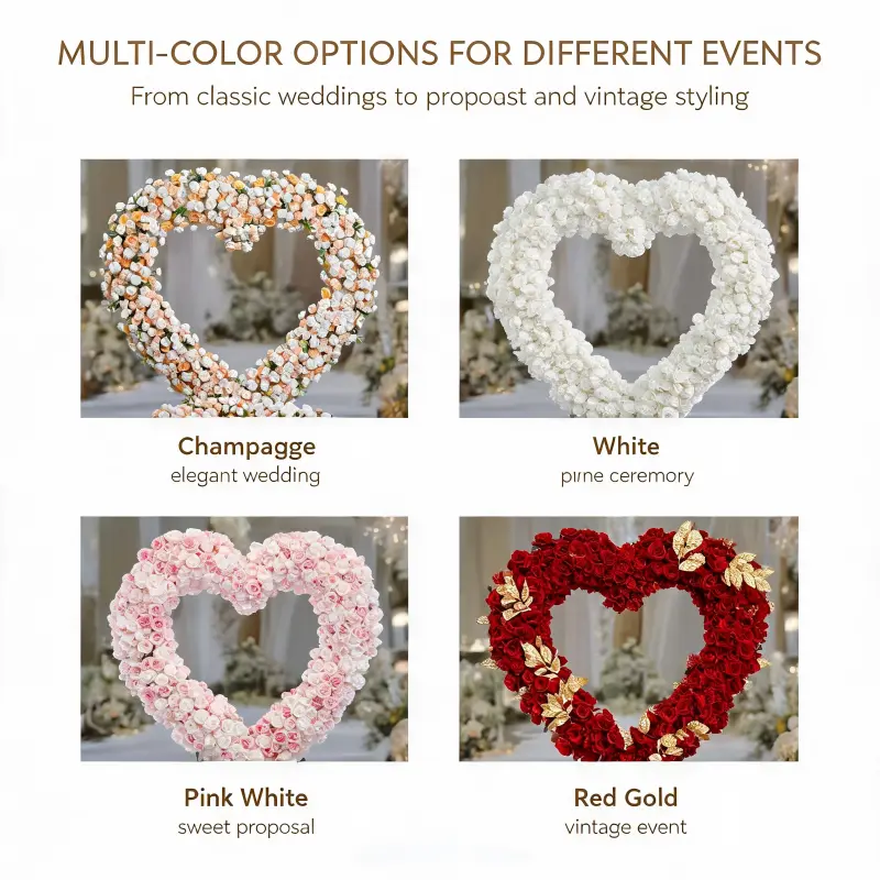 White & Champagne Heart Arch with Floral Base – Handmade Dense Roses Elegant Wedding Backdrop with Stand