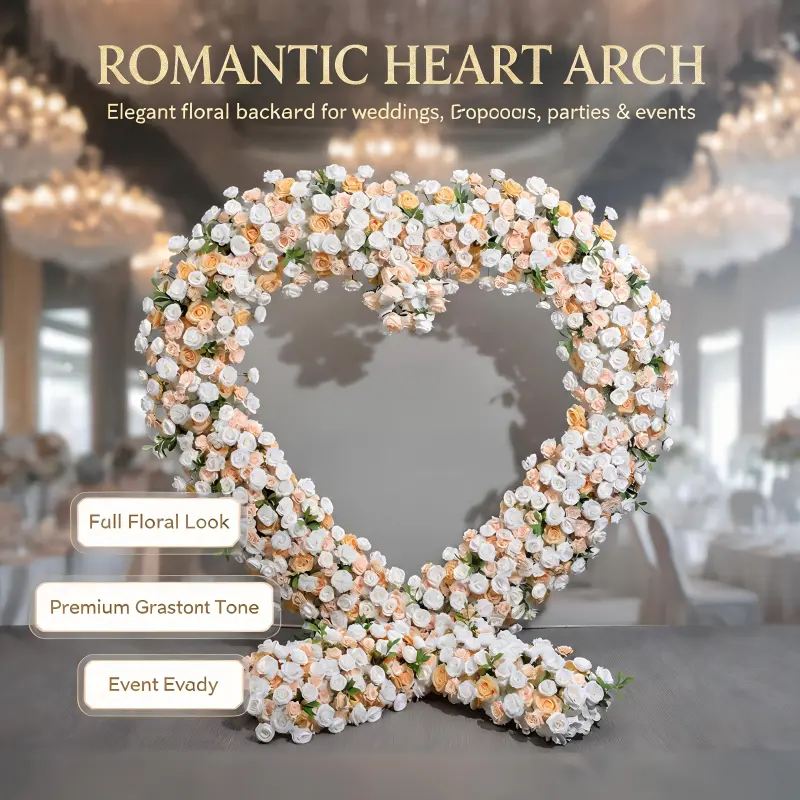 White & Champagne Heart Arch with Floral Base – Handmade Dense Roses Elegant Wedding Backdrop with Stand