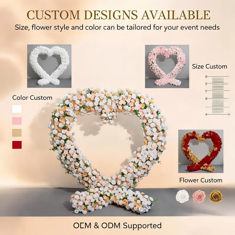 White & Champagne Heart Arch with Floral Base – Handmade Dense Roses Elegant Wedding Backdrop with Stand