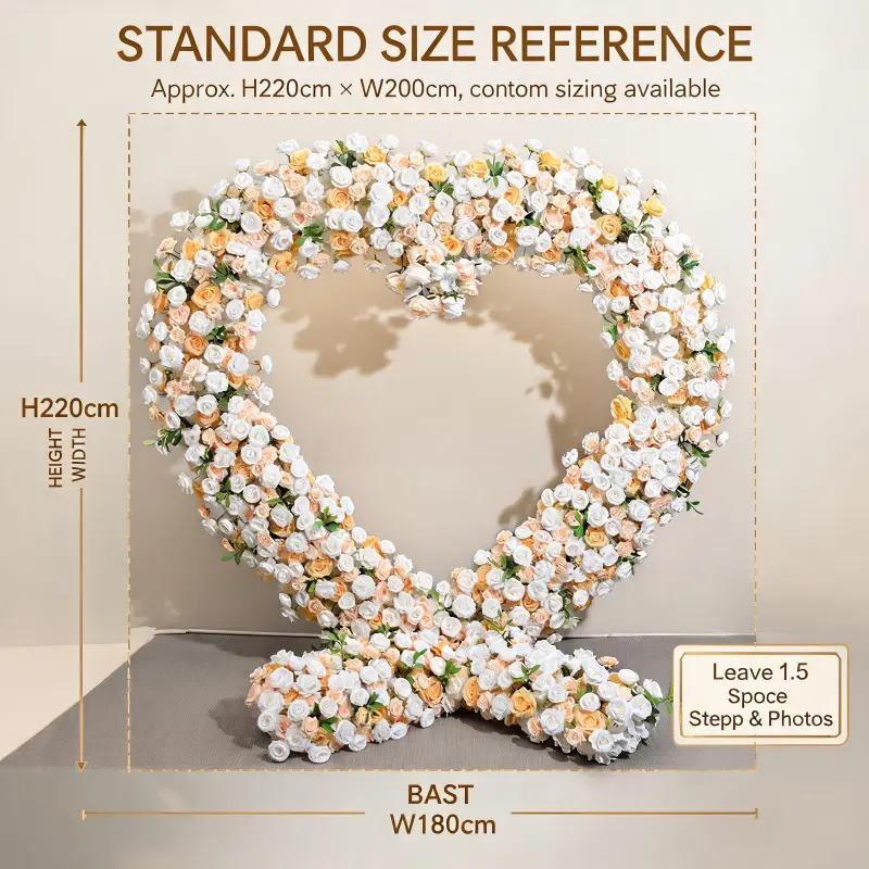 White & Champagne Heart Arch with Floral Base – Handmade Dense Roses Elegant Wedding Backdrop with Stand