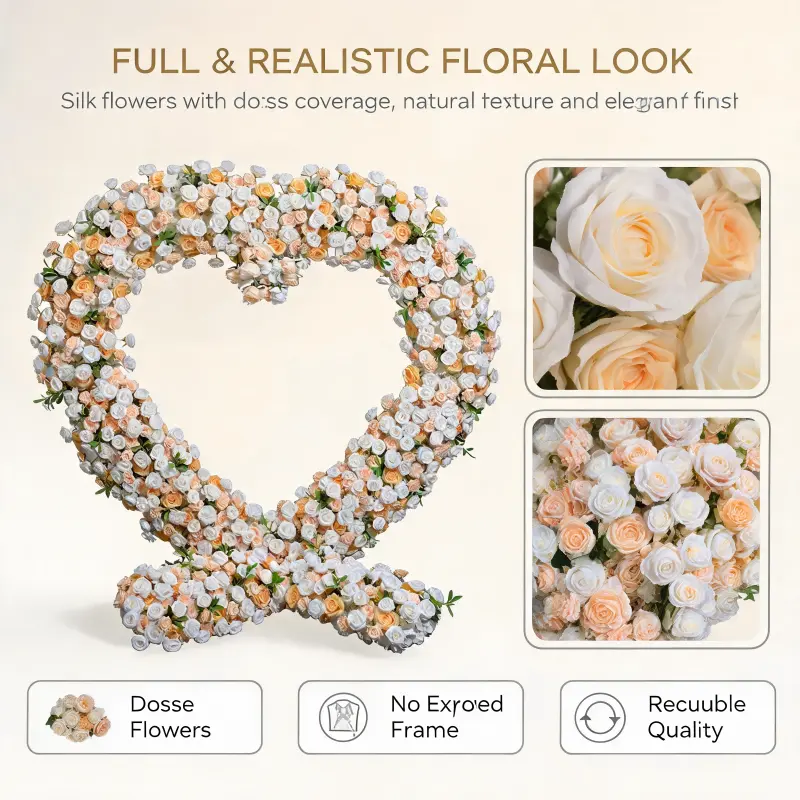 White & Champagne Heart Arch with Floral Base – Handmade Dense Roses Elegant Wedding Backdrop with Stand