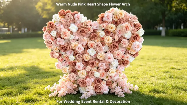nude blush heart flower arch wedding ceremony backdrop warm tone