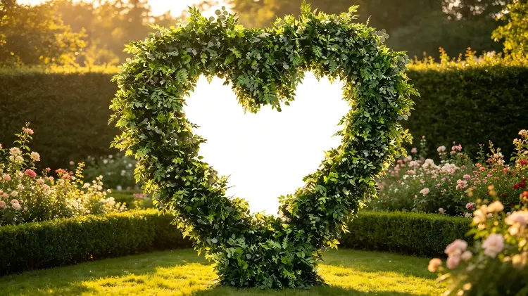 forest green heart foliage arch outdoor garden wedding backdrop
