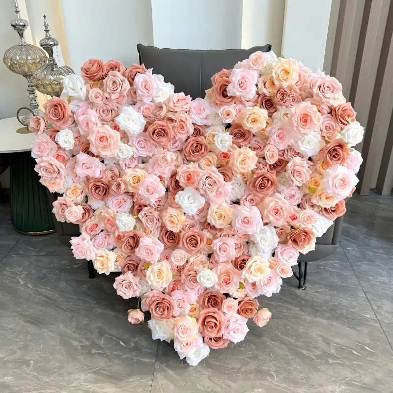 Nude Blush Heart Flower Arch with Floral Base – Handmade Dense Roses Wedding Backdrop