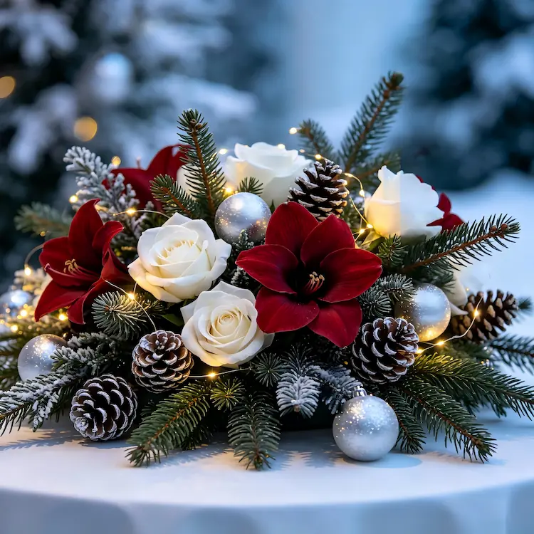 winter wedding flowers evergreen white roses amaryllis