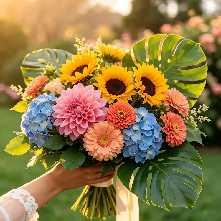 summer wedding flowers bright dahlias sunflowers
