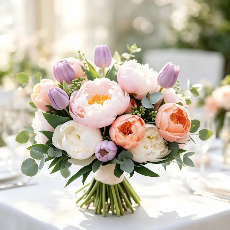 spring wedding flowers pastel pink peonies tulips