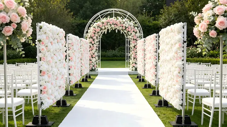 flower walls along wedding aisle
