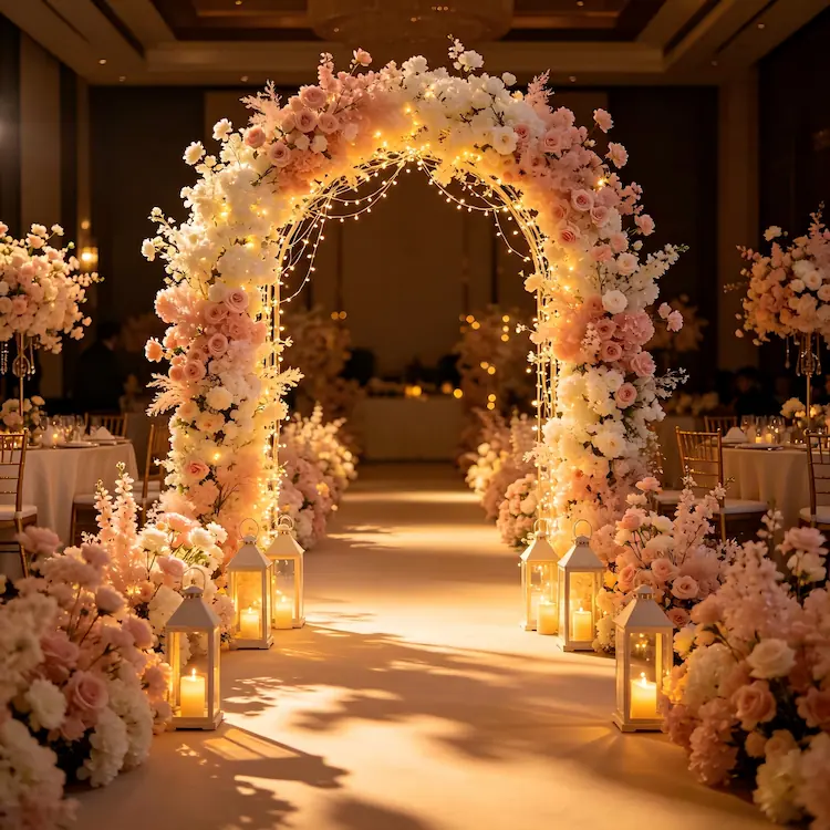 wedding aisle flower walls with lighting