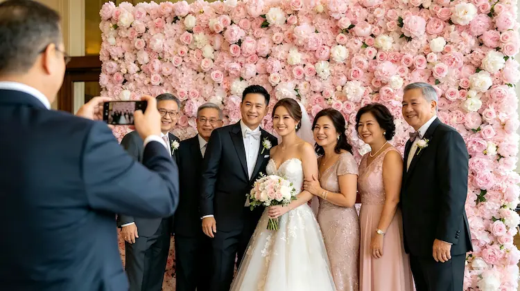 wedding guests taking photos at flower wall backdrop