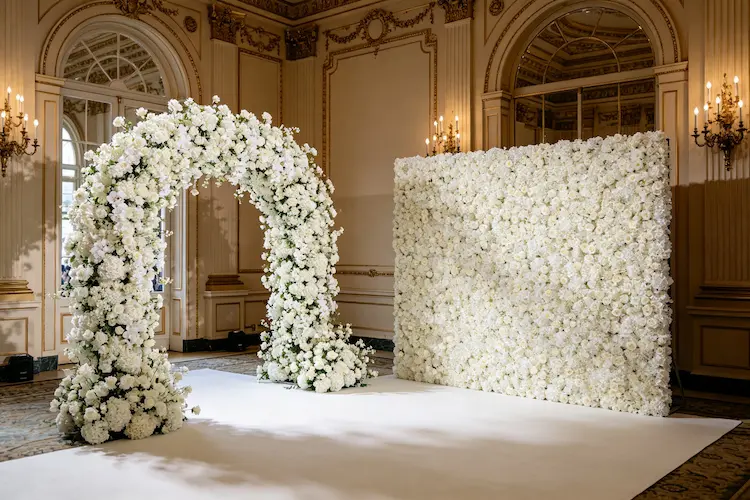 flower wall and flower arch together wedding ceremony