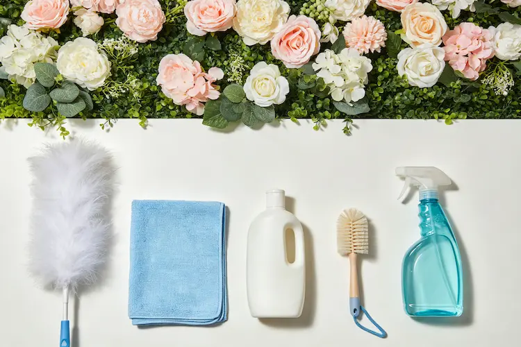 artificial flower wall cleaning tools laid out
