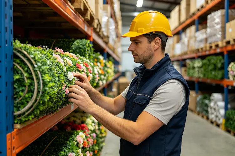 rental business inspecting artificial flower wall condition
