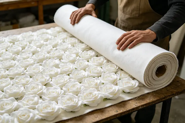 worker rolling artificial flower wall properly