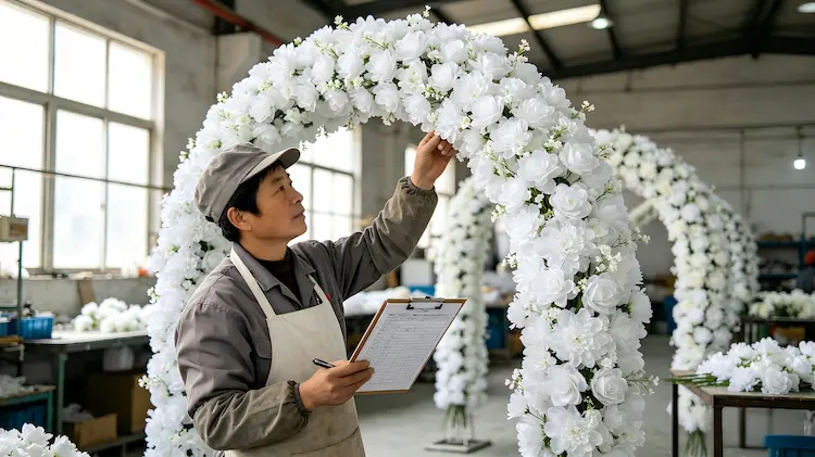 factory worker inspecting completed silk flower arch quality control