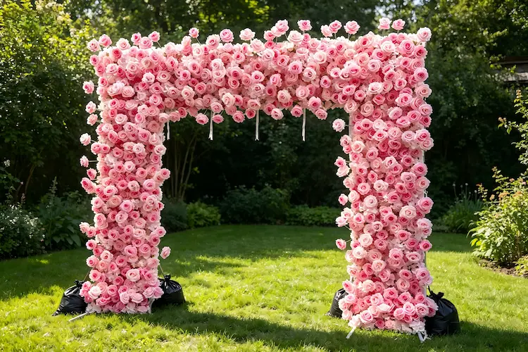 outdoor flower arch wind securing sandbags weights setup