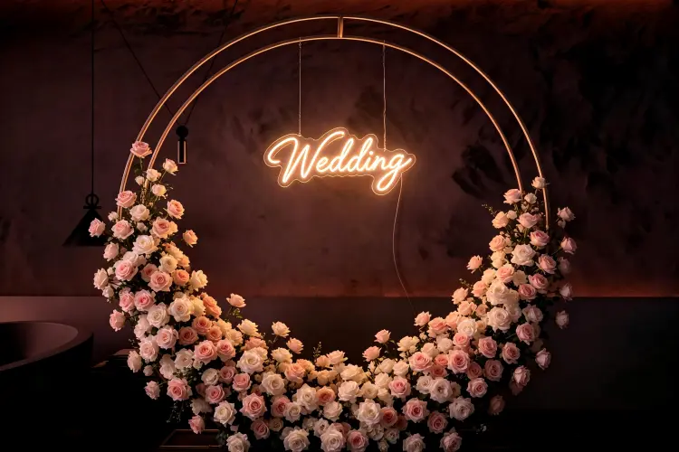 moon gate arch with neon sign inside circle wedding backdrop