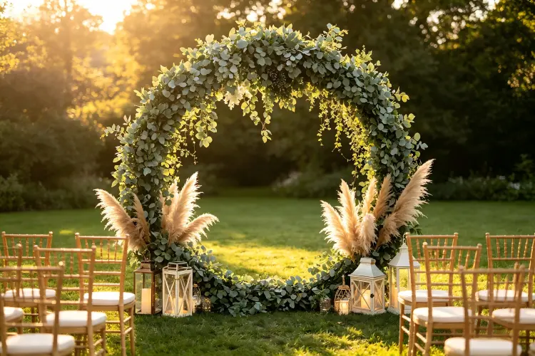 minimalist greenery eucalyptus moon gate arch modern wedding