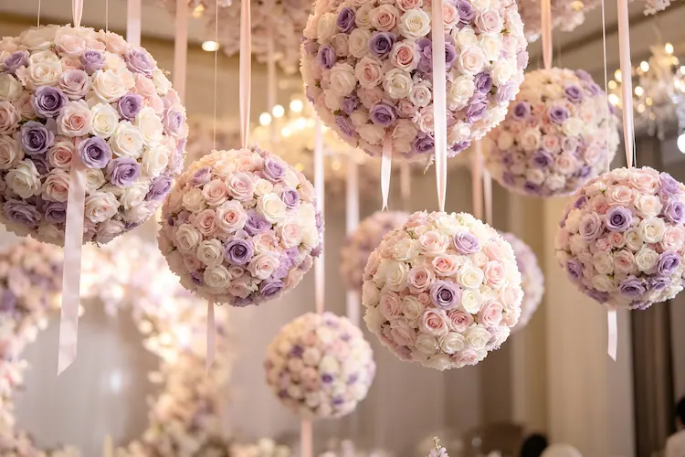 hanging artificial flower balls from ceiling wedding reception