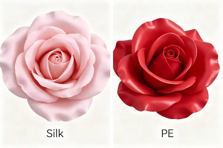 silk vs PE artificial flower material comparison close up texture