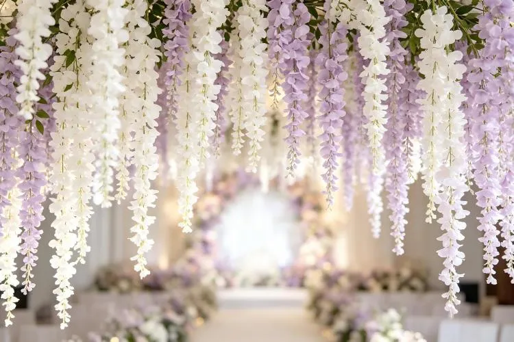 artificial white wisteria garlands hanging from ceiling wedding ceremony