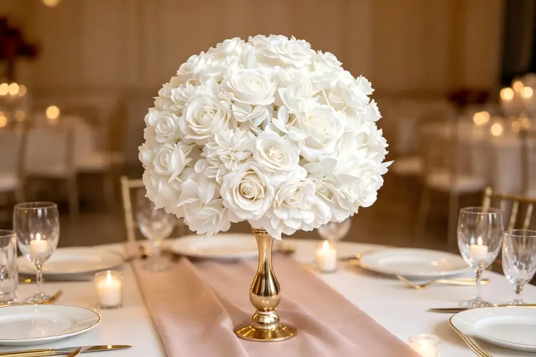 white artificial flower ball centerpiece on gold stand wedding table
