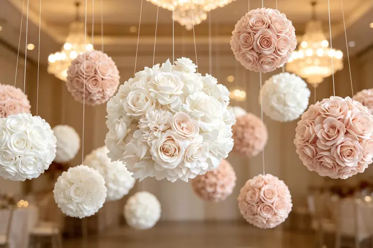 multiple flower balls hanging from ceiling wedding reception different heights