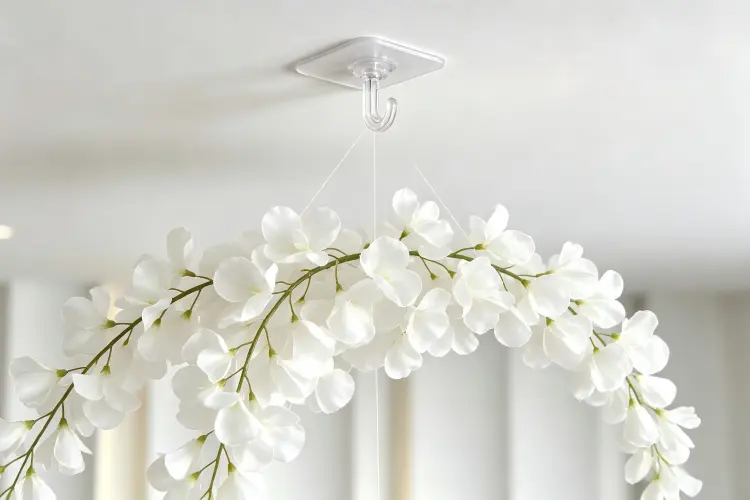 close up clear adhesive hook ceiling fishing line wisteria garland installation detail
