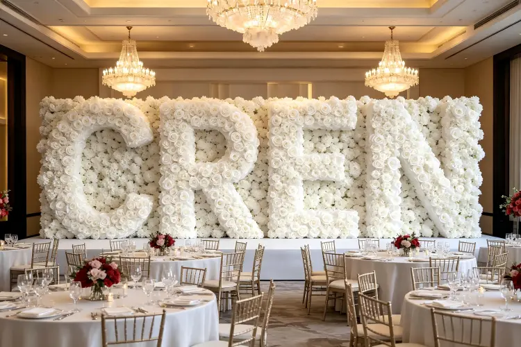 corporate gala event branded company name flower sign backdrop elegant business decor