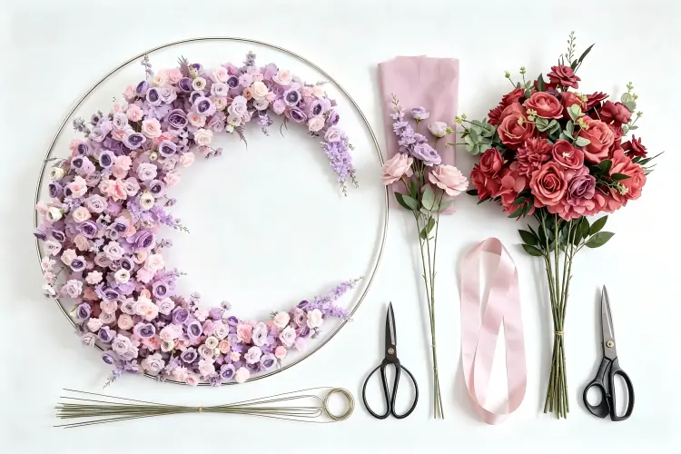 DIY floral hoop materials laid out on workspace