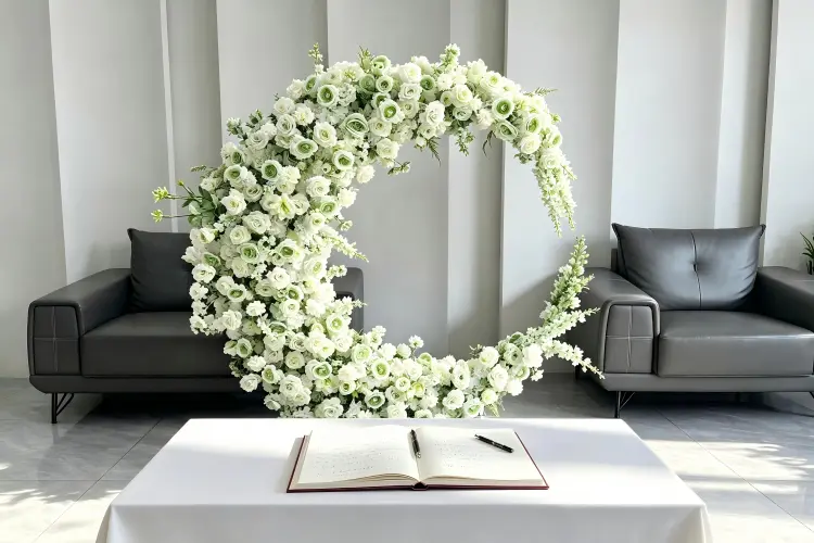 Floral hoops decorating wedding welcome area