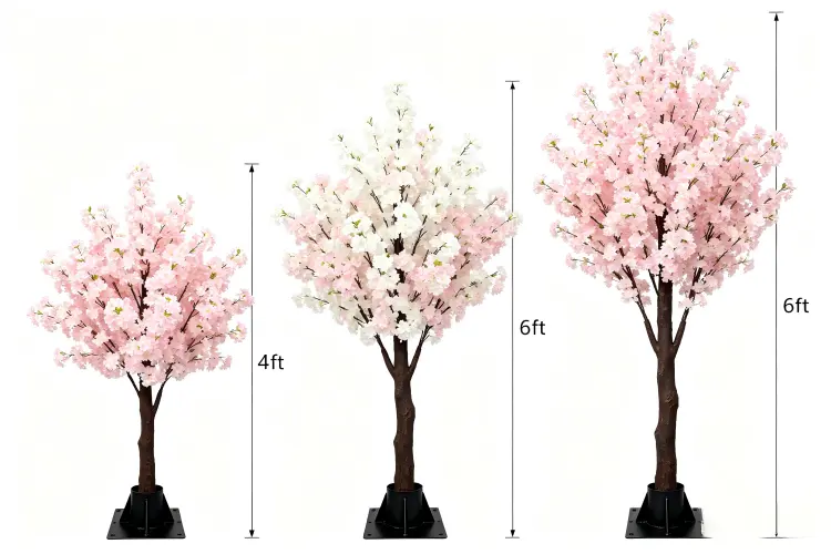 Multiple artificial flower trees in different heights size comparison