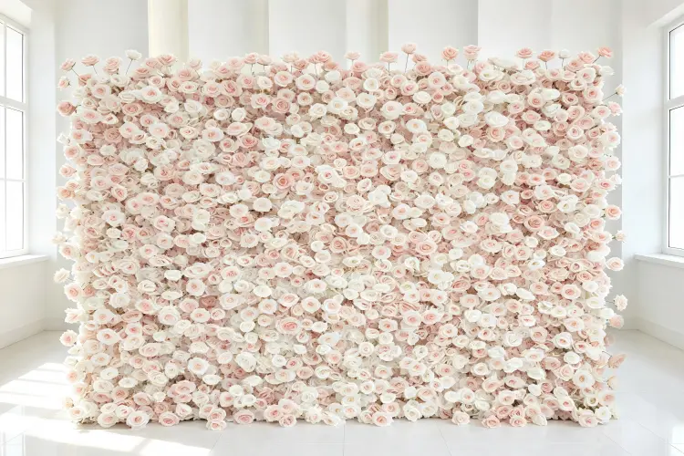 fully installed artificial flower wall backdrop at wedding event