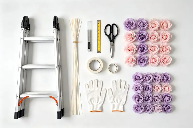 flower wall installation tools kit ladder zip ties tape scissors measuring tape