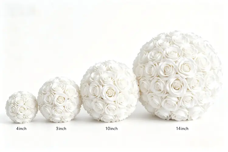 different sizes of artificial flower balls side by side comparison 4 6 8 10 12 inch