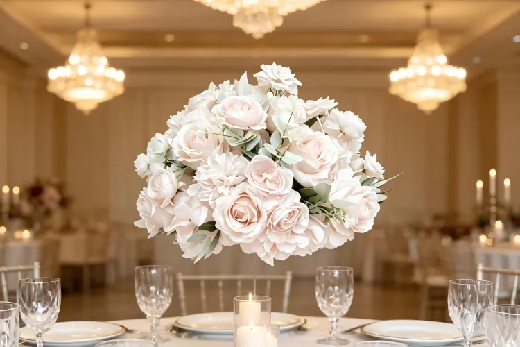 flower ball centerpiece on round dining table wedding reception