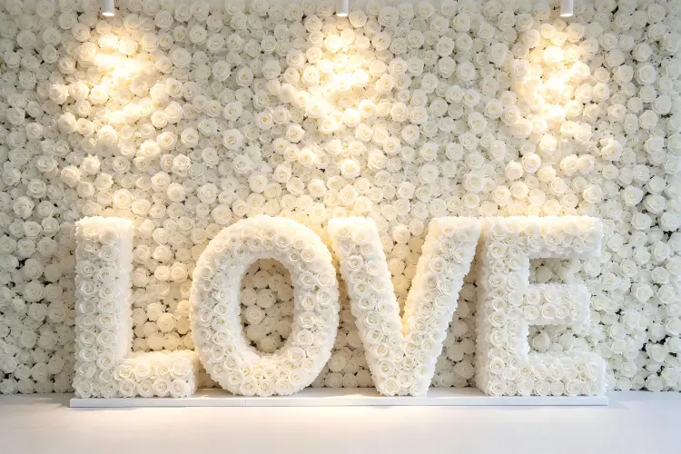 flower letter sign integrated with flower wall backdrop wedding ceremony LOVE sign