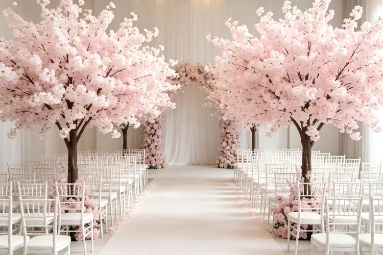 artificial cherry blossom trees flanking wedding ceremony entrance aisle decor