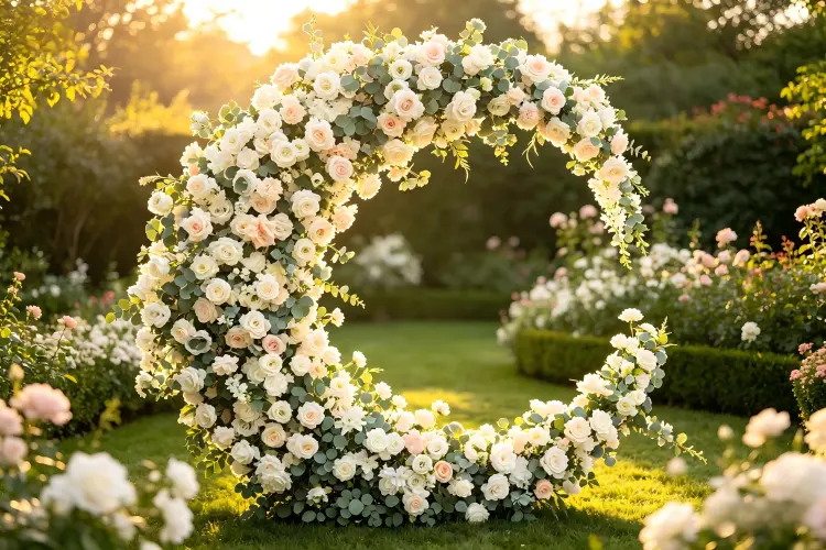 fully assembled moon gate flower arch wedding ceremony backdrop white blush flowers