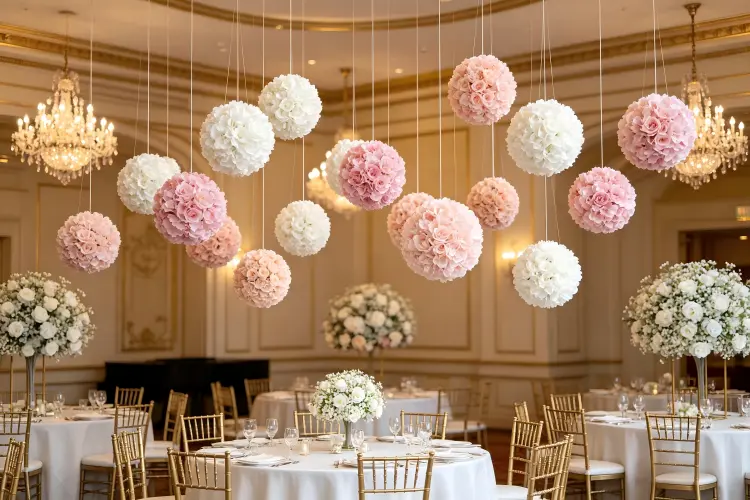 hanging flower balls ceiling decoration wedding reception white blush pomanders