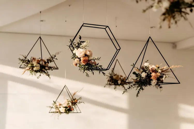 geometric frame hanging floral installation hexagon triangle wedding decor