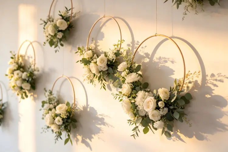 hanging floral hoop wreaths wall installation wedding decor
